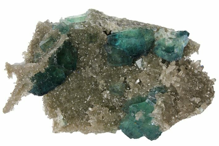 Cubic, Blue-Green Fluorite Crystals on Quartz - China #132740